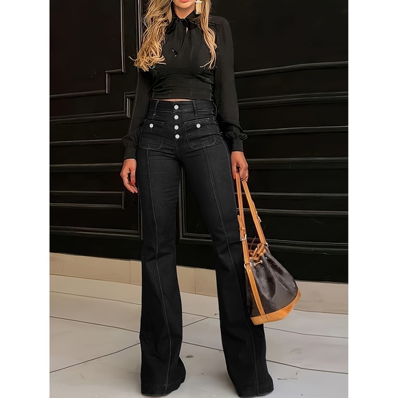 Women'S Flare Bell Bottom Jeans High Waisted Wide Leg Jeans Stretchy Denim Pants - Picture 1 of 6